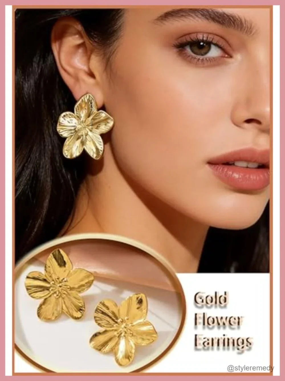 Chunky Gold Plated Flower Leaf Hoop Dangle Earring Set 4 Pair